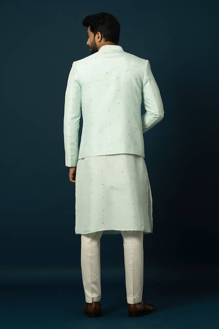 Shop Yoseba Blue Bamboo, Cotton Sequins, Embroidery Alwa Work Jacket And Pyjama Set at Aza Fashions Shop_Yoseba_Blue Bamboo, Cotton Sequins, Embroidery Alwa Work Jacket And Pyjama Set _at_Aza_Fashions