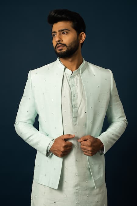 Shop Yoseba Blue Bamboo, Cotton Sequins, Embroidery Alwa Work Jacket And Pyjama Set Online at Aza Fashions Shop_Yoseba_Blue Bamboo, Cotton Sequins, Embroidery Alwa Work Jacket And Pyjama Set _Online_at_Aza_Fashions