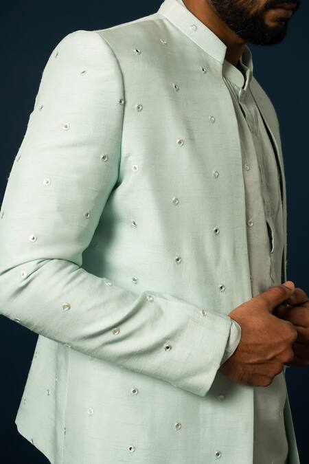 Yoseba Blue Bamboo, Cotton Sequins, Embroidery Alwa Work Jacket And Pyjama Set at Aza Fashions Yoseba_Blue Bamboo, Cotton Sequins, Embroidery Alwa Work Jacket And Pyjama Set _at_Aza_Fashions