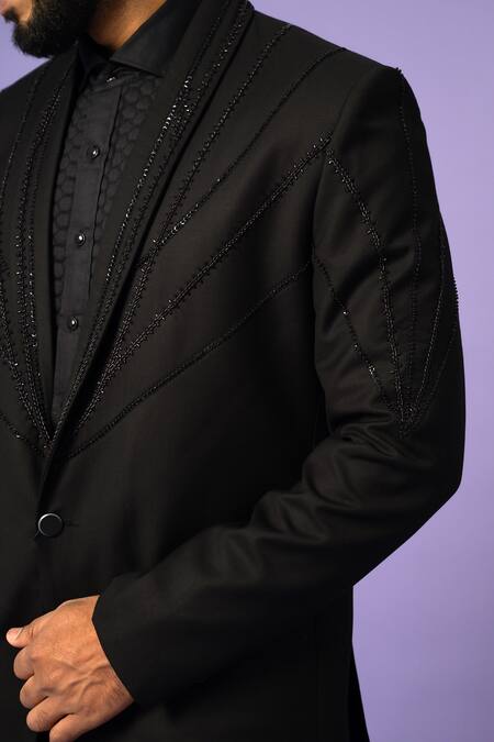 Shop Yoseba Black Suede, Cotton Sequins, Beads, Cut Work Embroidered Blazer With Pant Online at Aza Fashions Shop_Yoseba_Black Suede, Cotton Sequins, Beads, Cut Work Embroidered Blazer With Pant _Online_at_Aza_Fashions