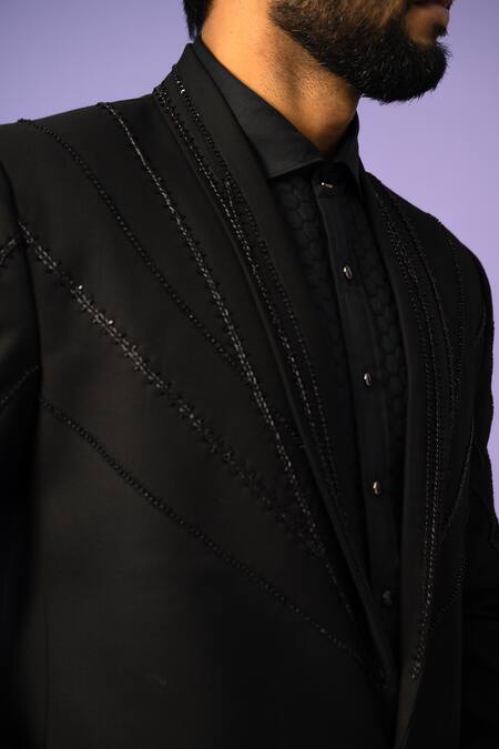 Yoseba Black Suede, Cotton Sequins, Beads, Cut Work Embroidered Blazer With Pant at Aza Fashions Yoseba_Black Suede, Cotton Sequins, Beads, Cut Work Embroidered Blazer With Pant _at_Aza_Fashions