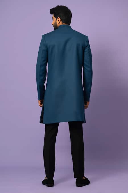 Shop Yoseba Blue Cotton Cut Work Cutdana Embroidered Achkan With Pant at Aza Fashions Shop_Yoseba_Blue Cotton Cut Work Cutdana Embroidered Achkan With Pant _at_Aza_Fashions