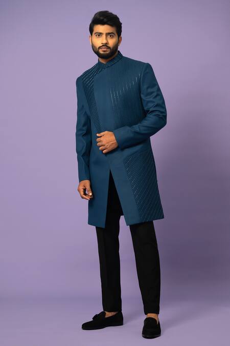 Yoseba Blue Cotton Cut Work Cutdana Embroidered Achkan With Pant Online at Aza Fashions Yoseba_Blue Cotton Cut Work Cutdana Embroidered Achkan With Pant _Online_at_Aza_Fashions