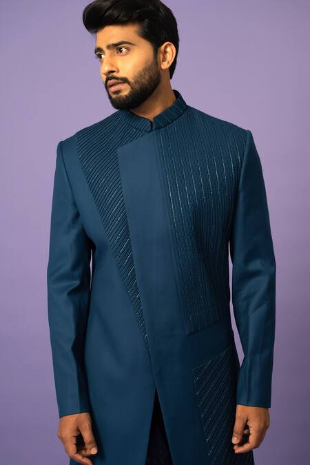 Shop Yoseba Blue Cotton Cut Work Cutdana Embroidered Achkan With Pant Online at Aza Fashions Shop_Yoseba_Blue Cotton Cut Work Cutdana Embroidered Achkan With Pant _Online_at_Aza_Fashions