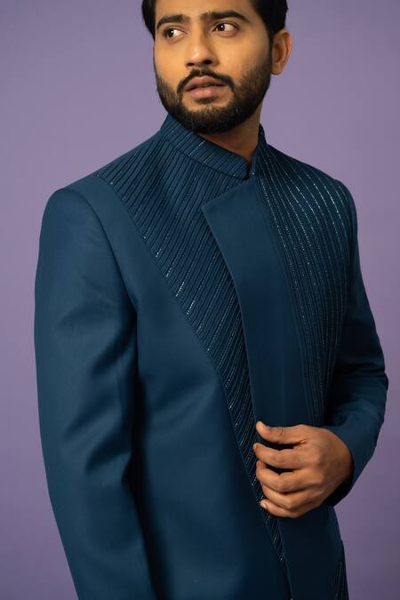 Yoseba Blue Cotton Cut Work Cutdana Embroidered Achkan With Pant at Aza Fashions Yoseba_Blue Cotton Cut Work Cutdana Embroidered Achkan With Pant _at_Aza_Fashions