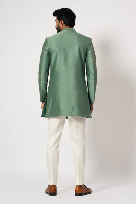 Shop Yoseba Green Brocade, Cotton Sequins, Floral Bloom Embroidered Short Achkan With Pant at Aza Fashions Shop_Yoseba_Green Brocade, Cotton Sequins, Floral Bloom Embroidered Short Achkan With Pant _at_Aza_Fashions