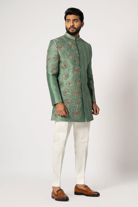 Yoseba Green Brocade, Cotton Sequins, Floral Bloom Embroidered Short Achkan With Pant Online at Aza Fashions Yoseba_Green Brocade, Cotton Sequins, Floral Bloom Embroidered Short Achkan With Pant _Online_at_Aza_Fashions