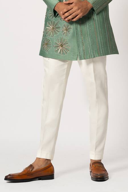 Buy Yoseba Green Brocade, Cotton Sequins, Floral Bloom Embroidered Short Achkan With Pant Online at Aza Fashions Buy_Yoseba_Green Brocade, Cotton Sequins, Floral Bloom Embroidered Short Achkan With Pant _Online_at_Aza_Fashions