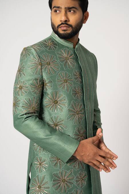 Shop Yoseba Green Brocade, Cotton Sequins, Floral Bloom Embroidered Short Achkan With Pant Online at Aza Fashions Shop_Yoseba_Green Brocade, Cotton Sequins, Floral Bloom Embroidered Short Achkan With Pant _Online_at_Aza_Fashions