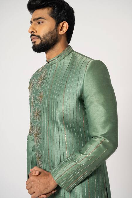 Yoseba Green Brocade, Cotton Sequins, Floral Bloom Embroidered Short Achkan With Pant at Aza Fashions Yoseba_Green Brocade, Cotton Sequins, Floral Bloom Embroidered Short Achkan With Pant _at_Aza_Fashions