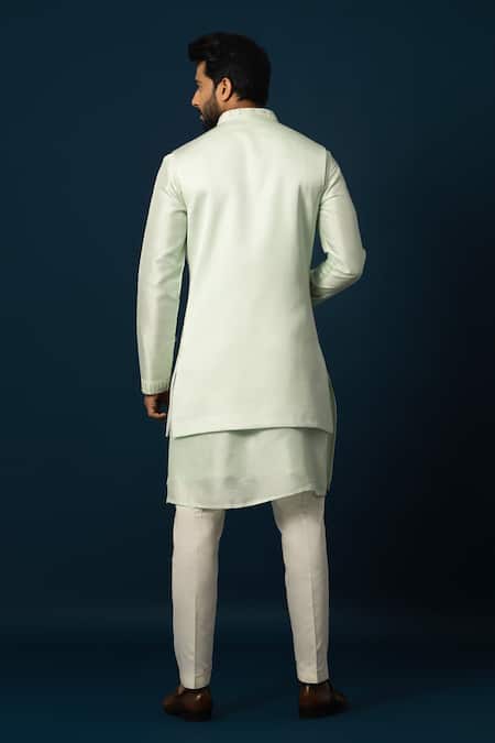Shop Yoseba Green Bamboo, Cotton, Linen, Satin Embroidery Jaal Nehru Jacket And Kurta Set at Aza Fashions Shop_Yoseba_Green Bamboo, Cotton, Linen, Satin Embroidery Jaal Nehru Jacket And Kurta Set _at_Aza_Fashions