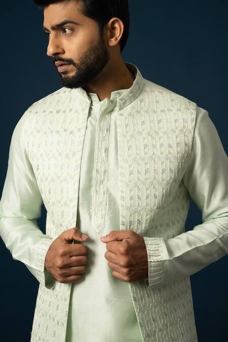 Buy Yoseba Green Bamboo, Cotton, Linen, Satin Embroidery Jaal Nehru Jacket And Kurta Set Online at Aza Fashions Buy_Yoseba_Green Bamboo, Cotton, Linen, Satin Embroidery Jaal Nehru Jacket And Kurta Set _Online_at_Aza_Fashions
