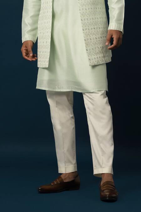 Shop Yoseba Green Bamboo, Cotton, Linen, Satin Embroidery Jaal Nehru Jacket And Kurta Set Online at Aza Fashions Shop_Yoseba_Green Bamboo, Cotton, Linen, Satin Embroidery Jaal Nehru Jacket And Kurta Set _Online_at_Aza_Fashions