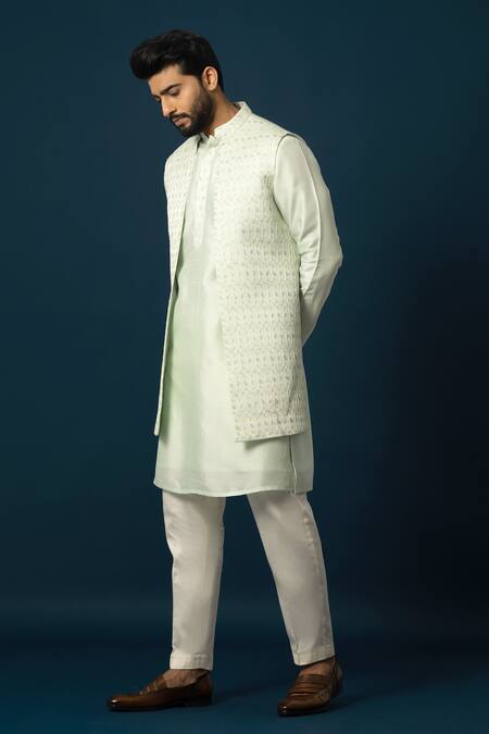 Yoseba Green Bamboo, Cotton, Linen, Satin Embroidery Jaal Nehru Jacket And Kurta Set at Aza Fashions Yoseba_Green Bamboo, Cotton, Linen, Satin Embroidery Jaal Nehru Jacket And Kurta Set _at_Aza_Fashions