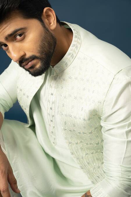 Buy Yoseba Green Bamboo, Cotton, Linen, Satin Embroidery Jaal Nehru Jacket And Kurta Set Buy_Yoseba_Green Bamboo, Cotton, Linen, Satin Embroidery Jaal Nehru Jacket And Kurta Set