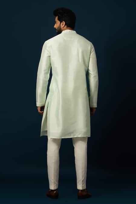 Shop Yoseba Green Bamboo, Cotton Embroidery Jaal Kurta With Pyjama at Aza Fashions Shop_Yoseba_Green Bamboo, Cotton Embroidery Jaal Kurta With Pyjama _at_Aza_Fashions