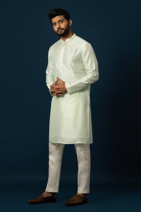 Yoseba Green Bamboo, Cotton Embroidery Jaal Kurta With Pyjama Online at Aza Fashions Yoseba_Green Bamboo, Cotton Embroidery Jaal Kurta With Pyjama _Online_at_Aza_Fashions