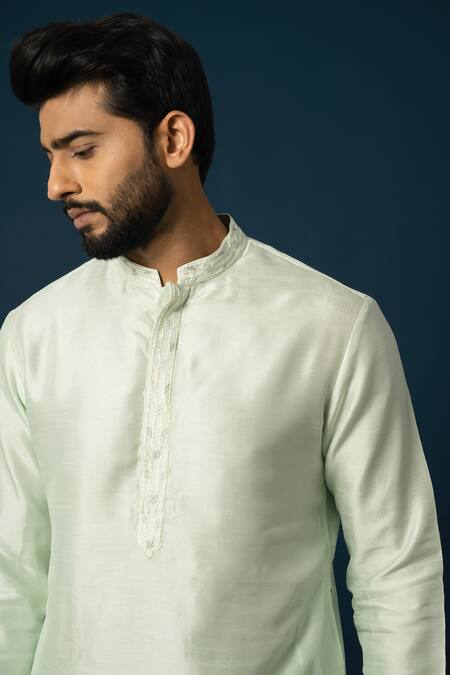 Shop Yoseba Green Bamboo, Cotton Embroidery Jaal Kurta With Pyjama Online at Aza Fashions Shop_Yoseba_Green Bamboo, Cotton Embroidery Jaal Kurta With Pyjama _Online_at_Aza_Fashions