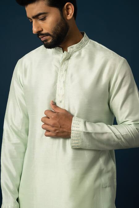 Yoseba Green Bamboo, Cotton Embroidery Jaal Kurta With Pyjama at Aza Fashions Yoseba_Green Bamboo, Cotton Embroidery Jaal Kurta With Pyjama _at_Aza_Fashions