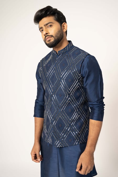 Yoseba Blue Bamboo Cut Work Cutdana Embroidered Indigo Nehru Jacket at Aza Fashions Yoseba_Blue Bamboo Cut Work Cutdana Embroidered Indigo Nehru Jacket _at_Aza_Fashions