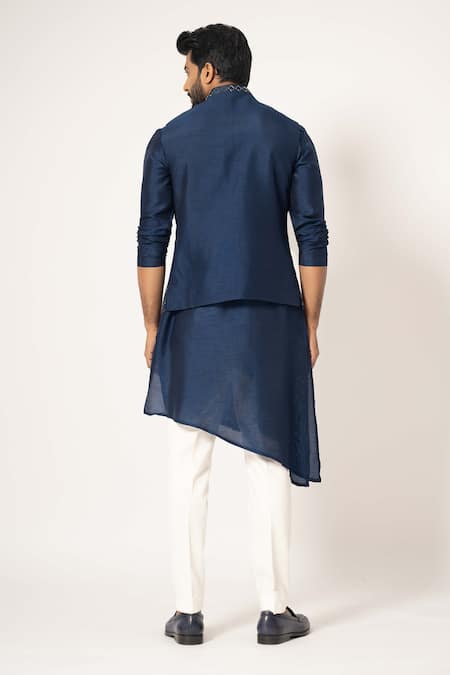 Shop_Yoseba_Blue Bamboo, Cotton Cut Work, Embroidery Indigo Diagonal Nehru Jacket Set _at_Aza_Fashions