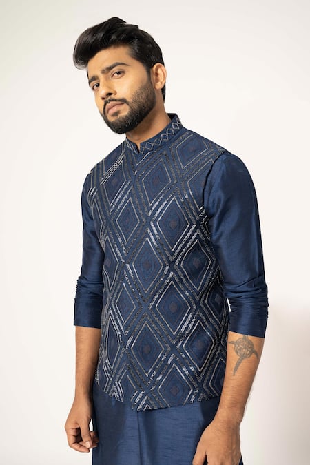 Yoseba_Blue Bamboo, Cotton Cut Work, Embroidery Indigo Diagonal Nehru Jacket Set _at_Aza_Fashions
