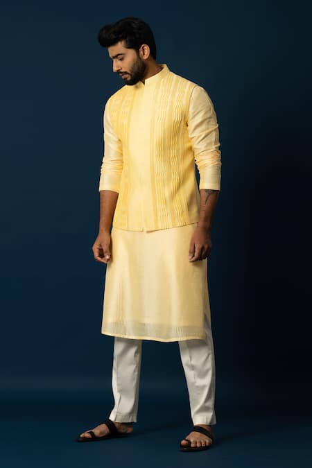 Yoseba Yellow Silk, Cotton Sequins, Cut Work Cutdana Embroidered Nehru Jacket Set Online at Aza Fashions Yoseba_Yellow Silk, Cotton Sequins, Cut Work Cutdana Embroidered Nehru Jacket Set _Online_at_Aza_Fashions