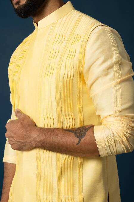 Shop Yoseba Yellow Silk, Cotton Sequins, Cut Work Cutdana Embroidered Nehru Jacket Set Online at Aza Fashions Shop_Yoseba_Yellow Silk, Cotton Sequins, Cut Work Cutdana Embroidered Nehru Jacket Set _Online_at_Aza_Fashions