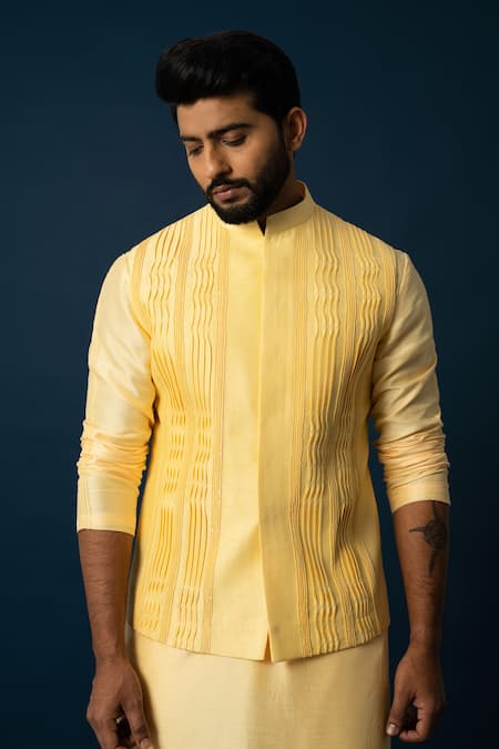 Yoseba Yellow Silk, Cotton Sequins, Cut Work Cutdana Embroidered Nehru Jacket Set at Aza Fashions Yoseba_Yellow Silk, Cotton Sequins, Cut Work Cutdana Embroidered Nehru Jacket Set _at_Aza_Fashions