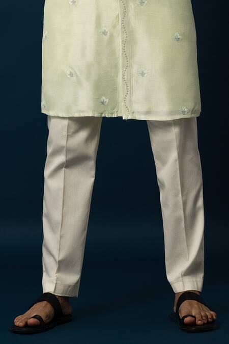 Yoseba_Green Bamboo, Cotton Embroidery, Beads Tender Leaf Kurta With Pyjama _Online_at_Aza_Fashions