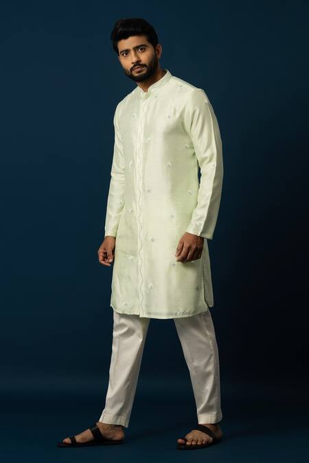 Buy_Yoseba_Green Bamboo, Cotton Embroidery, Beads Tender Leaf Kurta With Pyjama _Online_at_Aza_Fashions