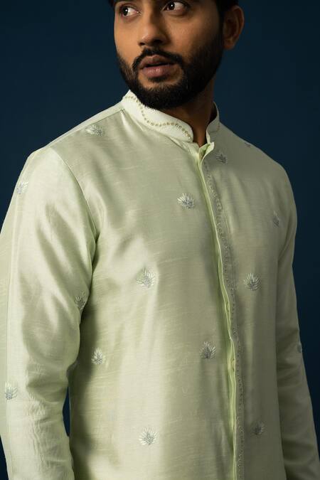 Yoseba_Green Bamboo, Cotton Embroidery, Beads Tender Leaf Kurta With Pyjama _at_Aza_Fashions