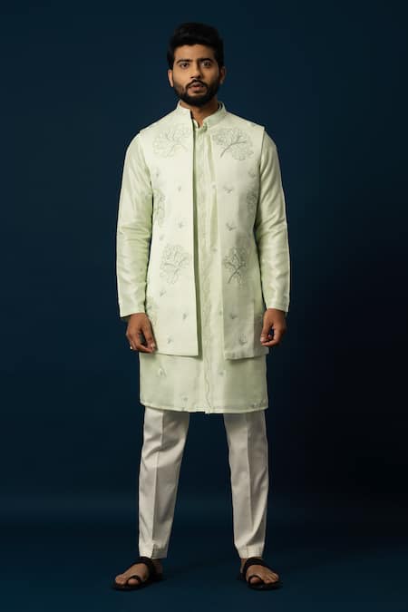 YOSEBA Tender Leaf Embroidered Nehru Jacket & Pyjama Set 