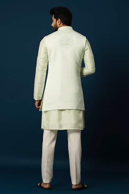 Shop_Yoseba_Green Cotton, Satin, Linen Beads, Embroidery Leaf Nehru Jacket And Kurta Set _at_Aza_Fashions
