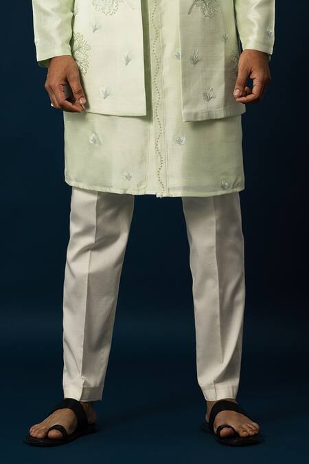 Yoseba_Green Cotton, Satin, Linen Beads, Embroidery Leaf Nehru Jacket And Kurta Set _Online_at_Aza_Fashions