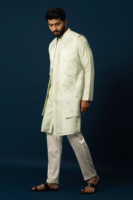 Buy_Yoseba_Green Cotton, Satin, Linen Beads, Embroidery Leaf Nehru Jacket And Kurta Set _Online_at_Aza_Fashions