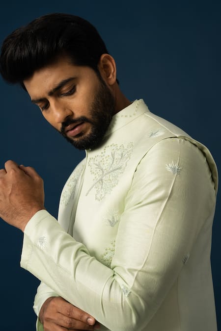 Shop_Yoseba_Green Cotton, Satin, Linen Beads, Embroidery Leaf Nehru Jacket And Kurta Set _Online_at_Aza_Fashions