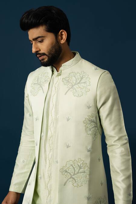 Yoseba_Green Cotton, Satin, Linen Beads, Embroidery Leaf Nehru Jacket And Kurta Set _at_Aza_Fashions