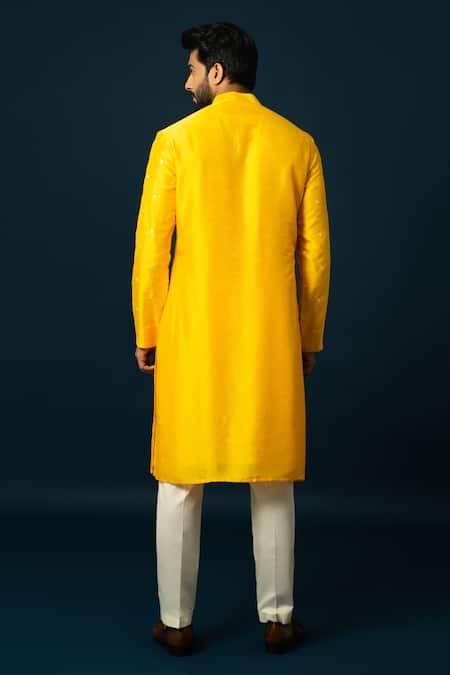 Shop_Yoseba_Yellow Bamboo, Cotton Embroidery Amber Spiral Motif Kurta With Pyjama _at_Aza_Fashions