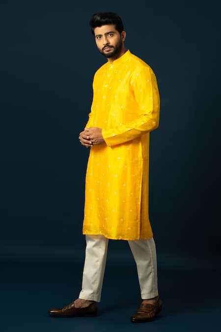 Yoseba_Yellow Bamboo, Cotton Embroidery Amber Spiral Motif Kurta With Pyjama _Online_at_Aza_Fashions