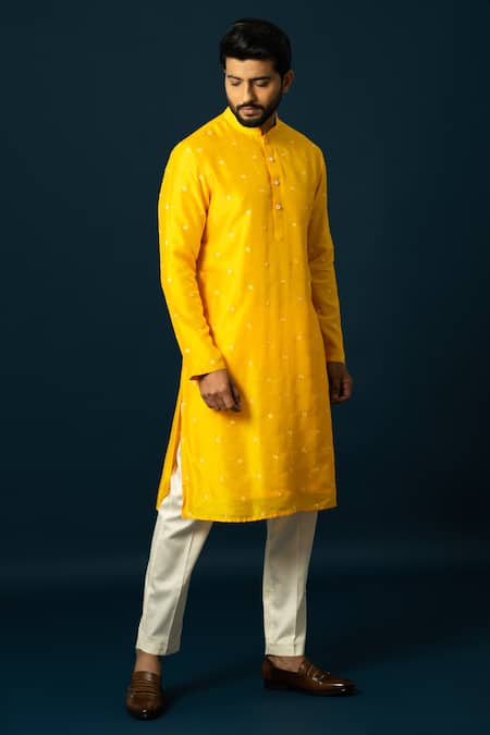 Buy_Yoseba_Yellow Bamboo, Cotton Embroidery Amber Spiral Motif Kurta With Pyjama _Online_at_Aza_Fashions