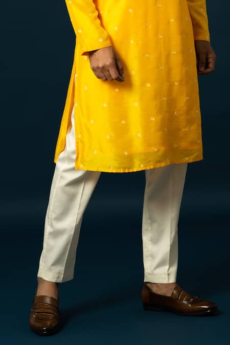 Shop_Yoseba_Yellow Bamboo, Cotton Embroidery Amber Spiral Motif Kurta With Pyjama _Online_at_Aza_Fashions