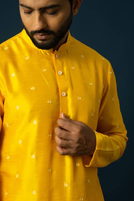 Yoseba_Yellow Bamboo, Cotton Embroidery Amber Spiral Motif Kurta With Pyjama _at_Aza_Fashions