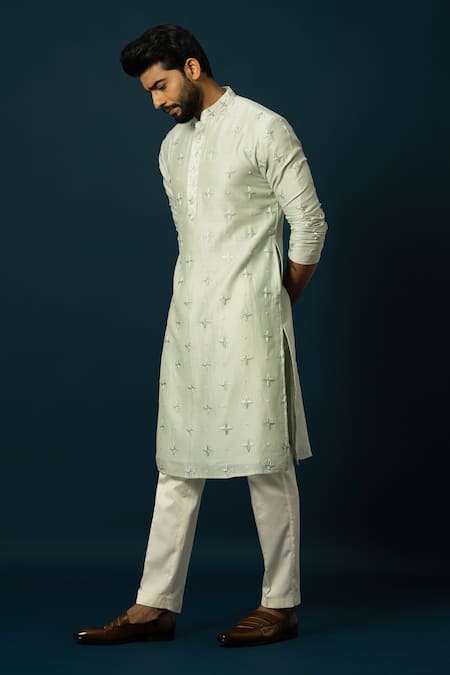 Buy Yoseba Green Chanderi Silk, Cotton Cut Work, Star Cutdana Straight Kurta With Pyjama Online at Aza Fashions Buy_Yoseba_Green Chanderi Silk, Cotton Cut Work, Star Cutdana Straight Kurta With Pyjama _Online_at_Aza_Fashions
