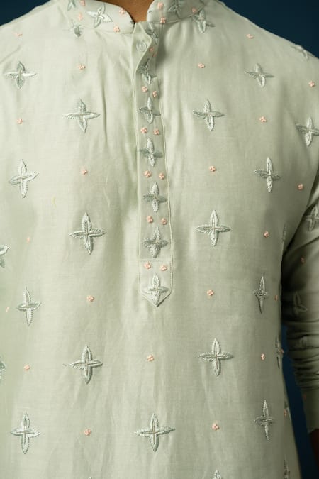Shop Yoseba Green Chanderi Silk, Cotton Cut Work, Star Cutdana Straight Kurta With Pyjama Online at Aza Fashions Shop_Yoseba_Green Chanderi Silk, Cotton Cut Work, Star Cutdana Straight Kurta With Pyjama _Online_at_Aza_Fashions