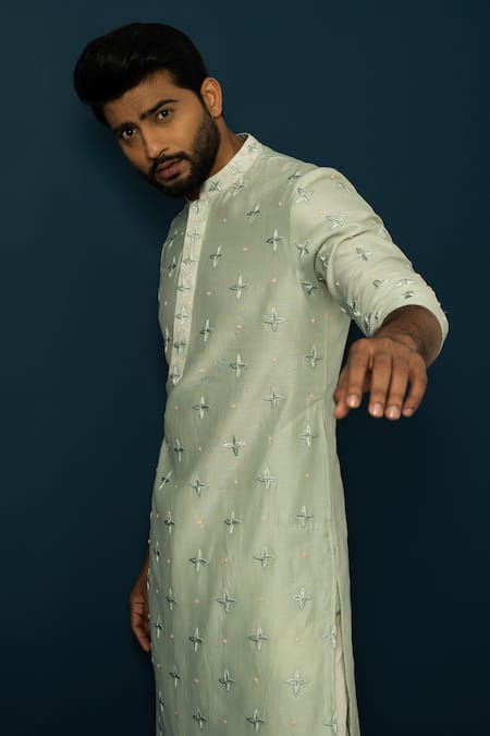 Buy Yoseba Green Chanderi Silk, Cotton Cut Work, Star Cutdana Straight Kurta With Pyjama Buy_Yoseba_Green Chanderi Silk, Cotton Cut Work, Star Cutdana Straight Kurta With Pyjama