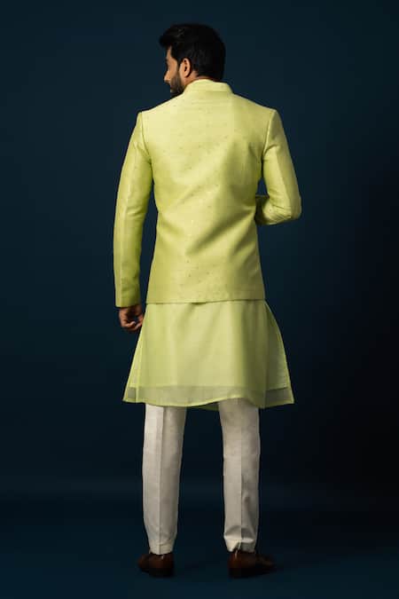 Shop Yoseba Green Bamboo, Chanderi, Cotton Cut Lawn Cutdana Embroidered Jacket And Pyjama Set at Aza Fashions Shop_Yoseba_Green Bamboo, Chanderi, Cotton Cut Lawn Cutdana Embroidered Jacket And Pyjama Set _at_Aza_Fashions