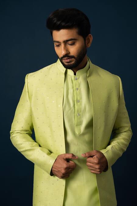 Yoseba Green Bamboo, Chanderi, Cotton Cut Lawn Cutdana Embroidered Jacket And Pyjama Set Online at Aza Fashions Yoseba_Green Bamboo, Chanderi, Cotton Cut Lawn Cutdana Embroidered Jacket And Pyjama Set _Online_at_Aza_Fashions