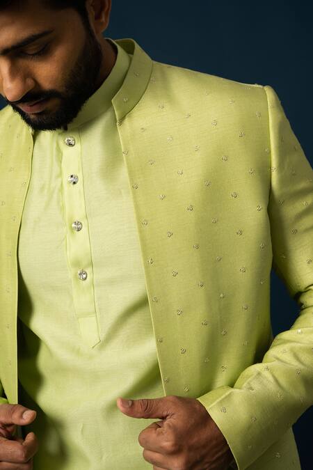 Buy Yoseba Green Bamboo, Chanderi, Cotton Cut Lawn Cutdana Embroidered Jacket And Pyjama Set Online at Aza Fashions Buy_Yoseba_Green Bamboo, Chanderi, Cotton Cut Lawn Cutdana Embroidered Jacket And Pyjama Set _Online_at_Aza_Fashions