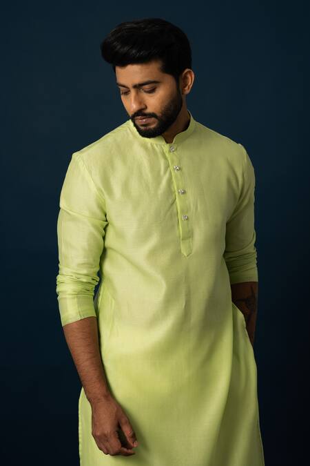 Buy_Yoseba_Green Chanderi Silk, Cotton Lawn Kurta With Pyjama _Online_at_Aza_Fashions